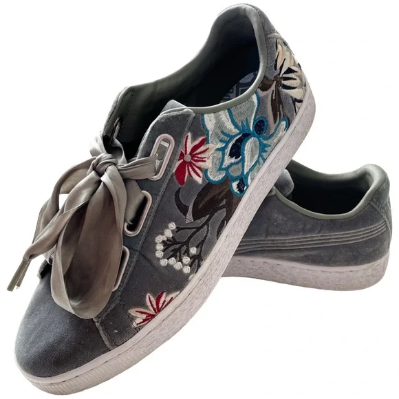 PUMA Embroidered Sneakers “Basket Heart Hyper” Ribbon Laces Women’s Size 9 - Picture 11 of 16